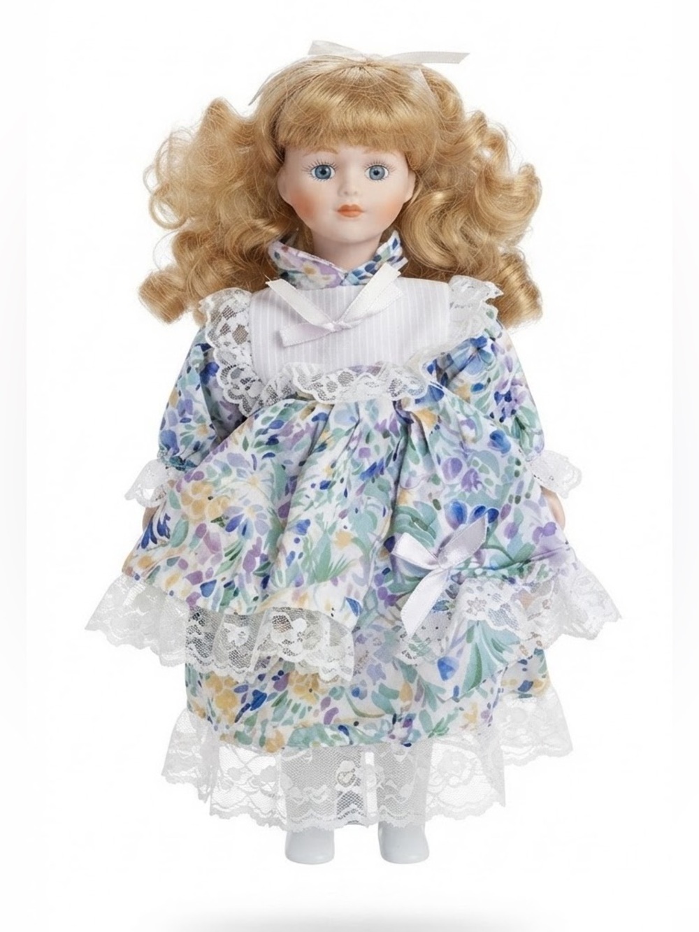 Porcelain Girl Doll in Floral Blue & Purple Dress - Kids Toys